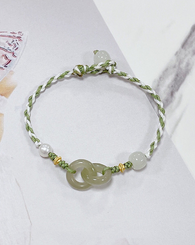 和田玉双环手编绳 环环相扣面包扣玉石手链diy女款优雅小清新饰品