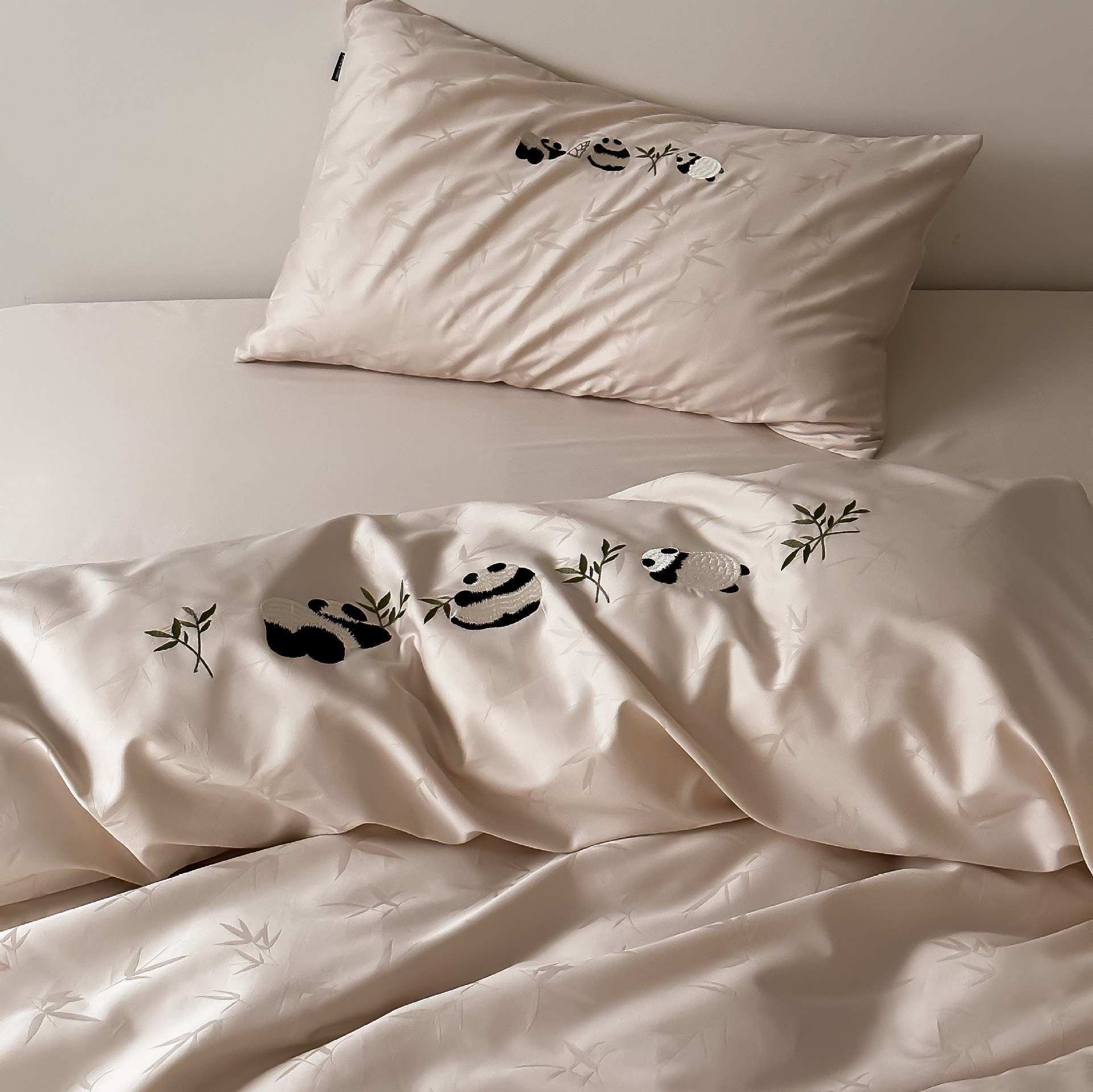 高端轻奢款100支长绒棉四件套中式国风提花熊猫刺绣被套全棉床品