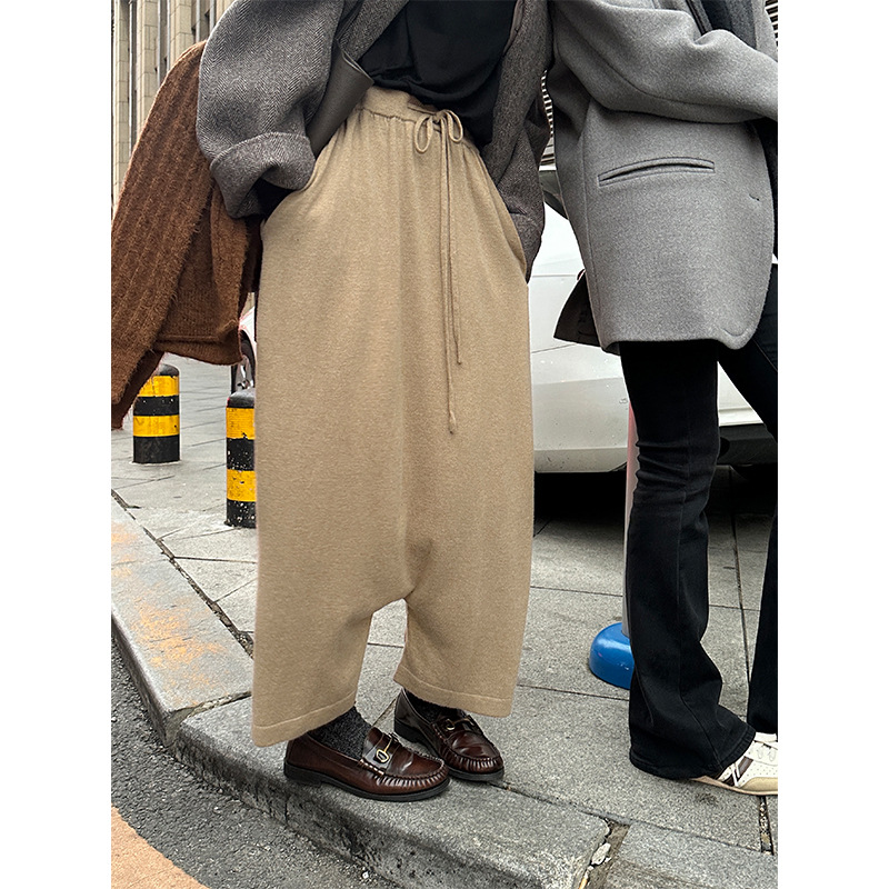 针织吊裆裤女2023新款秋冬季垂感哈伦裤垮裤宽松阔腿九分休闲裤子