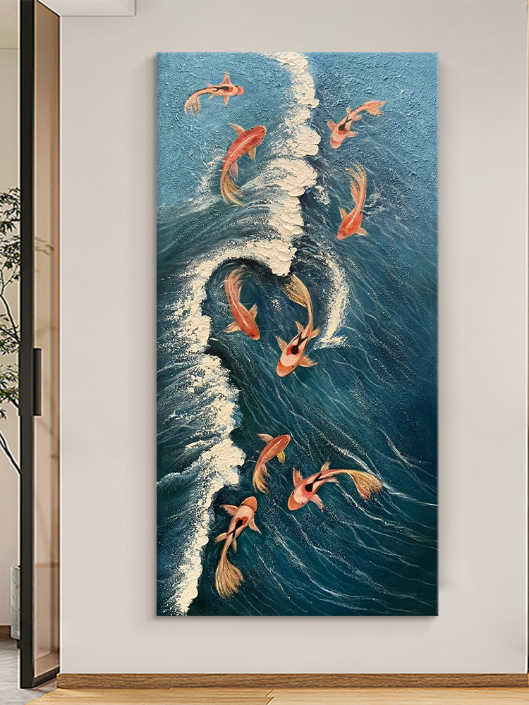 现代装饰画九鱼图纯手绘油画进门玄关大海海浪肌理画客厅鲤鱼挂画