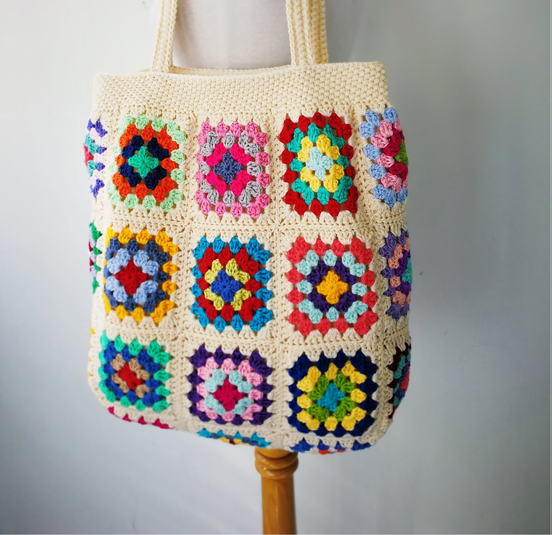 yunweny拼花钩针编织袋格兰尼方形袋钩针编织手提袋波西米亚女包