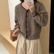韩系V领拼色系带设计甜美风短款针织开衫女春季新款跨境毛衣外套
