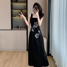 Women's Dresses2024夏新款新中式黑色刺绣花U型领背心连衣裙