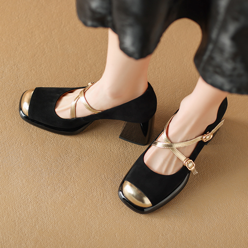 春夏季新款鞋子圆头粗跟高跟鞋拼色搭扣玛丽珍鞋公主小皮鞋单鞋女