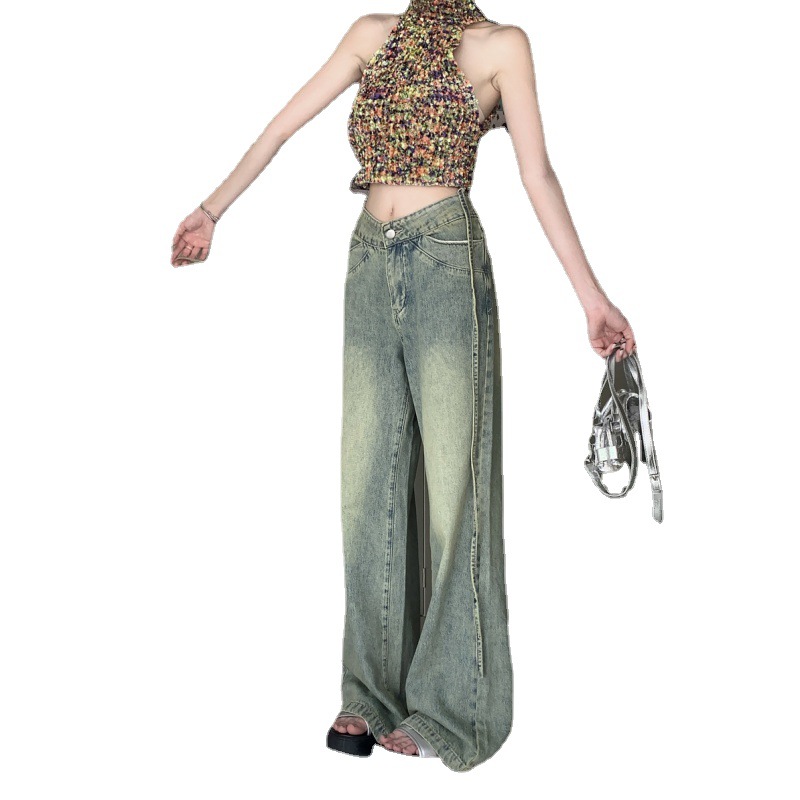 Nostalgic Retro Drawstring Jeans Women's Summer Loose Slimming Drooping Wide-Leg Pants Mop Pants