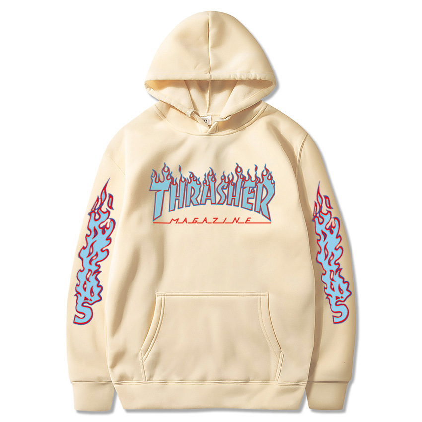 thrasher火焰卫衣欧美潮流休闲上衣修身男士纯色加绒卫衣情侣连帽