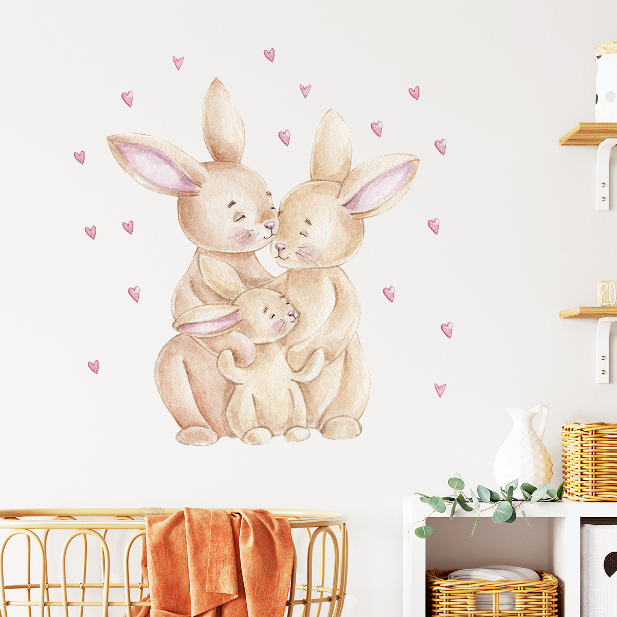 温馨小兔子一家自粘墙贴卡通可爱儿童房间背景墙装饰贴纸br0397e