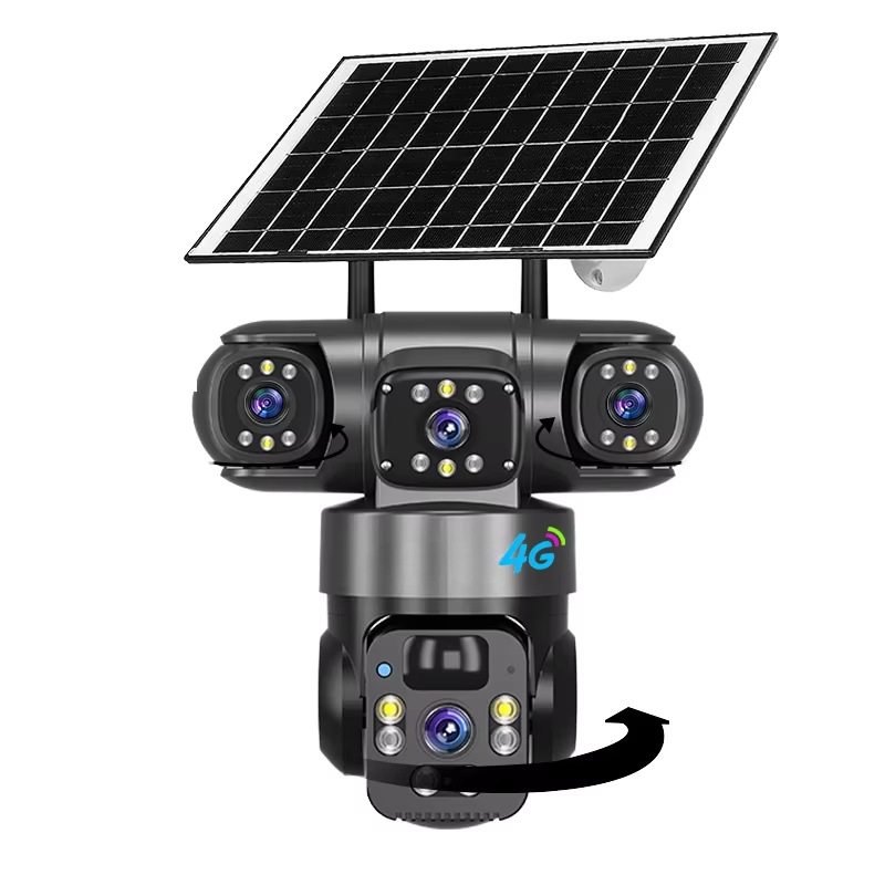 V380三目太阳能摄像头三画面低功耗球机变焦4G云台户外监控摄像头