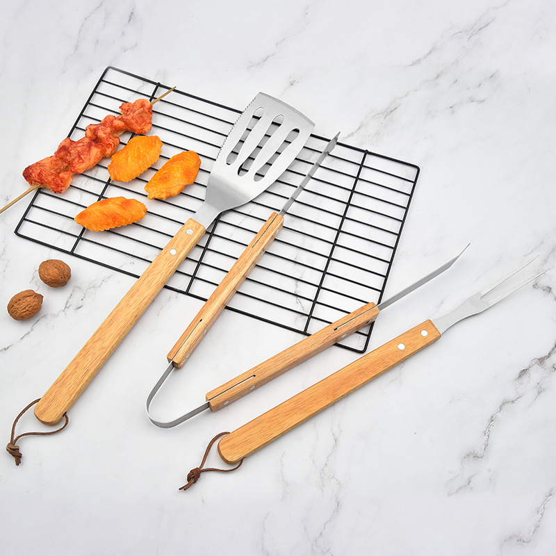 厂家批发bbq户外烤具3件套烧烤叉食物夹烧烤铲橡木柄烧烤工具套装