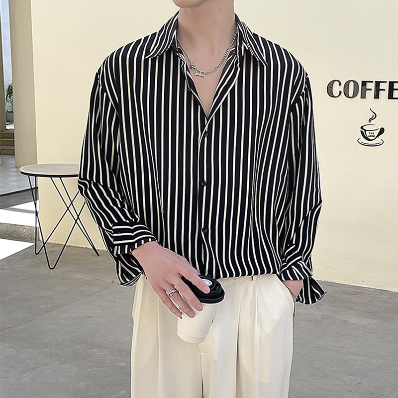 感宽松落肩条纹衬衫男痞帅春夏季韩版休闲垂感免烫长袖衬衣潮