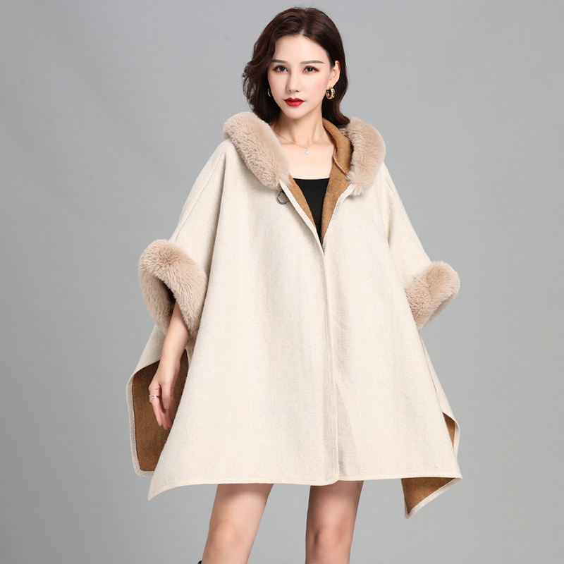 European and American Imitation Rex Rabbit Fur Collar Hood Talma Cape Women‘s Knitted Cardigan Thick Loose Mid-Length Fur Coat Women