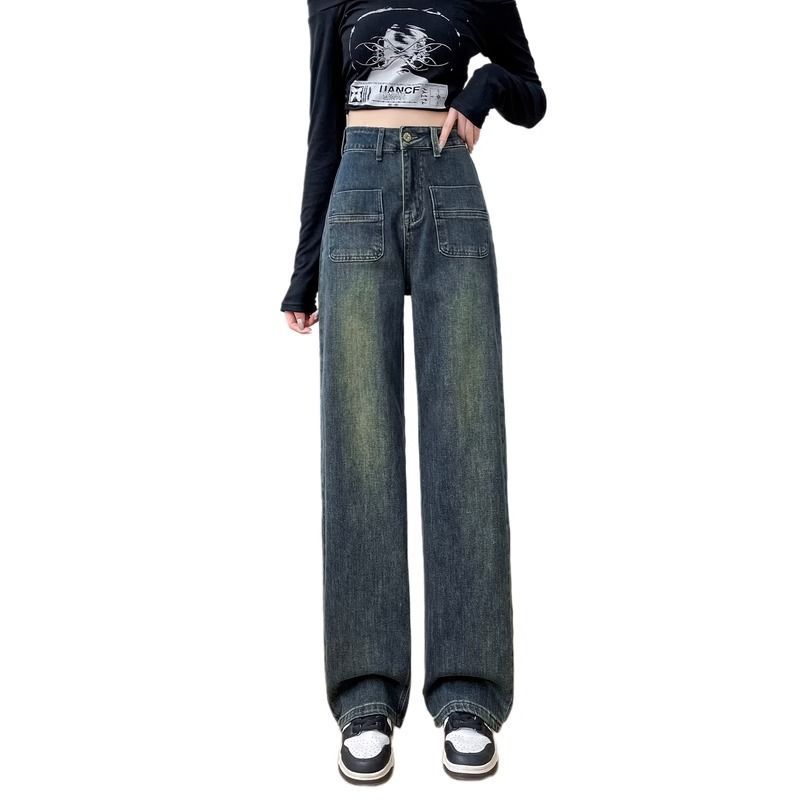 Retro Straight Jeans for Women 2023 Spring and Autumn New Design Sense Pocket Loose Wide-Leg Pants Draping Mopping Pants Fashion