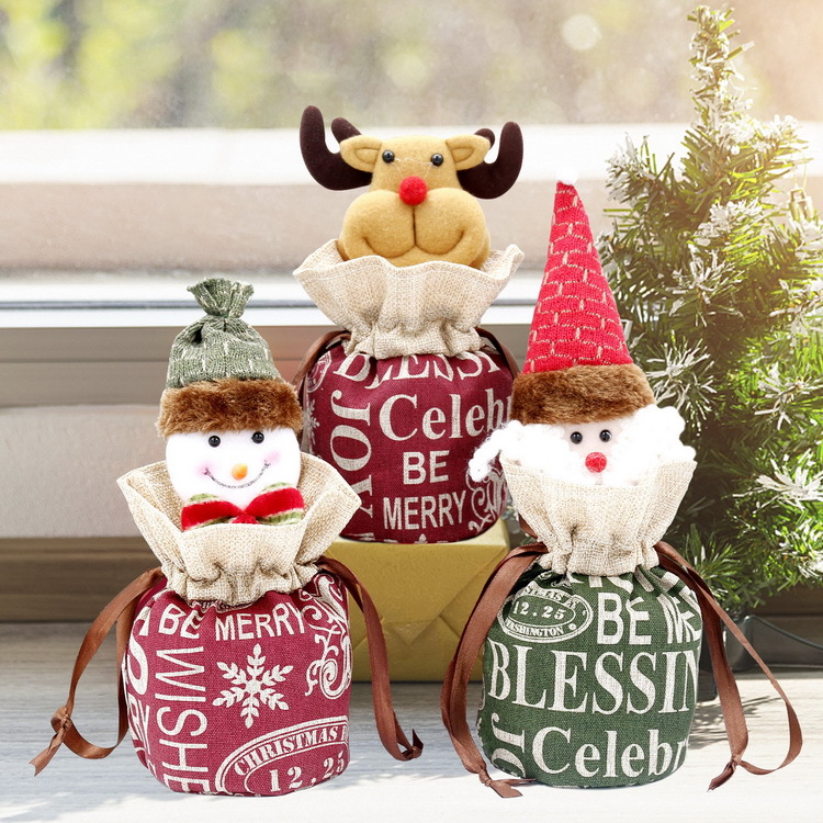 New Christmas Decorations Linen English Drawstring Apple Bag Children Cartoon Old Snowman Deer Candy Gift Bag