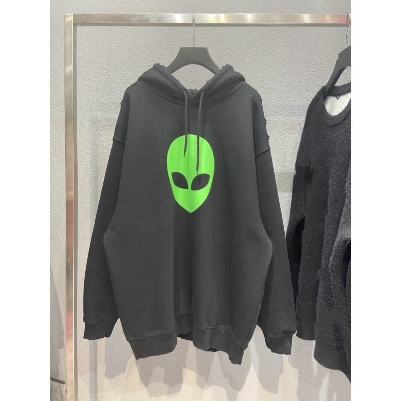 高版本秋冬新款巴黎b家外星人荧光绿印花男女连帽抓绒卫衣长上衣