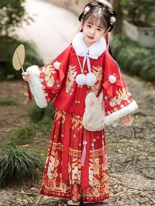 Children's Han Chinese Costume Winter Thickened Girls' Chinese Style Fleece-lined Red New Year Clothes Little Girl's High-End Tang Suit Horse-Face Skirt