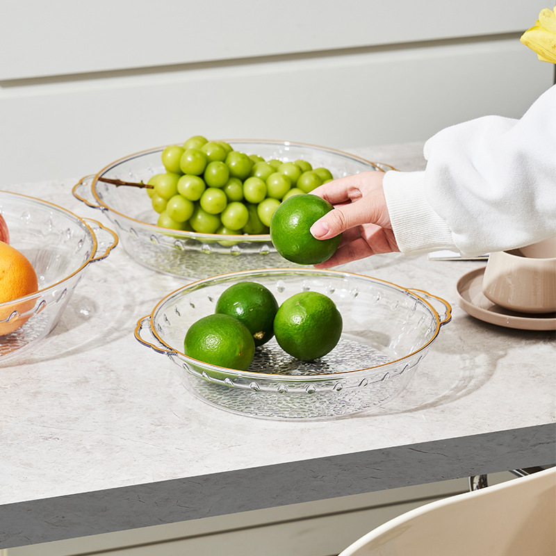 Light Luxury Fruit Plate with Handle Transparent round Snack Dried Fruit Plate Commercial Living Room Refreshments Snack Dish Plastic Tray