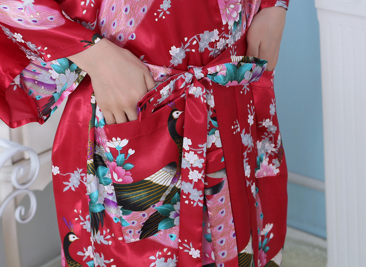 Cross-Border Ice Silk Peacock Nightgown Women's Summer Long Cardigan Robe Thin Medium Mulberry Silk Satin Kimono Bathrobe