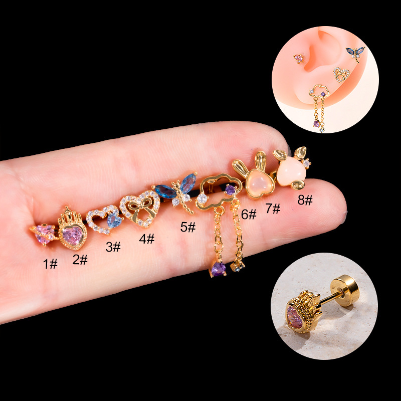 New Fashion Ear Bone Stud Heart-Shaped Zircon Bow Dragonfly Stainless Steel Thin Rod Single Head round Cake Screw Stud Earrings