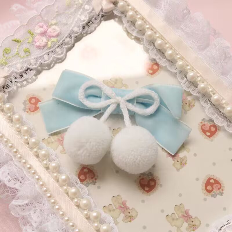 Cute Sweet Light Blue Bowknot Hair Ball Duckbill Clip Winter Partysu Hair Clip Student Autumn and Winter Plush Hairpin