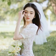 法式白色短款结婚领证登记头纱女高级感新娘求婚拍照道具小轻头饰