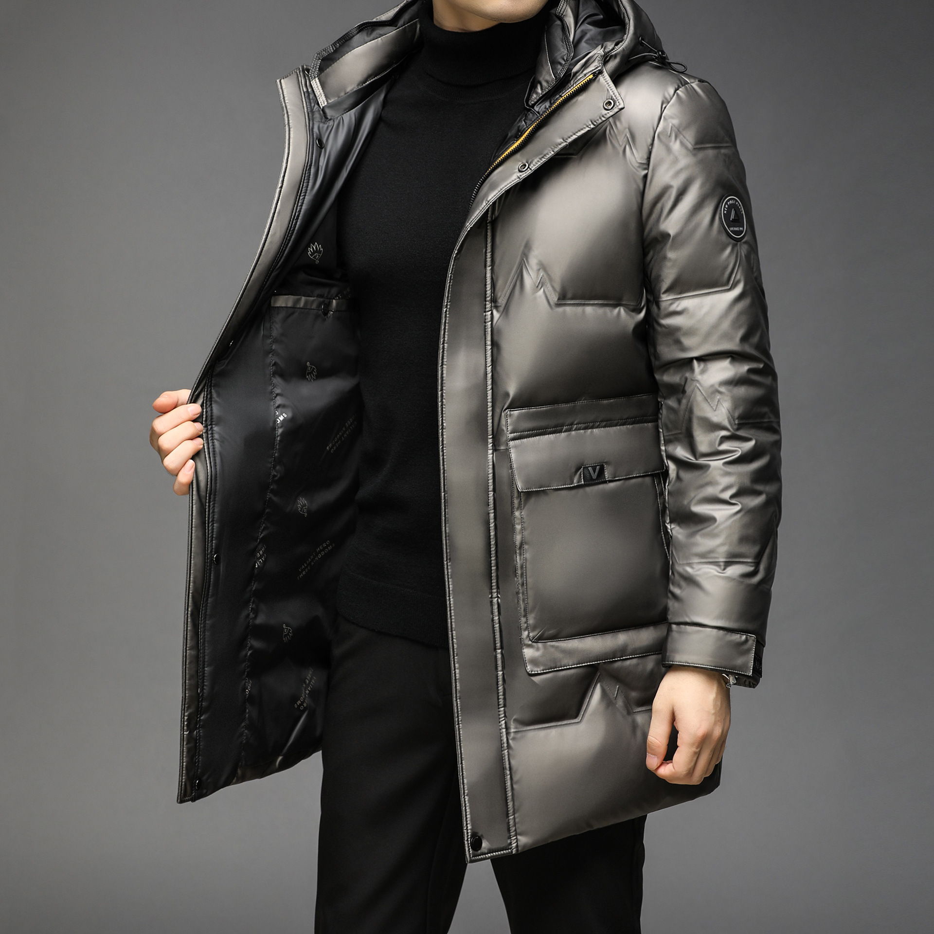 外贸高端中年90白鸭绒pu皮羽绒服绵羊皮皮衣男中长款连帽冬季保暖