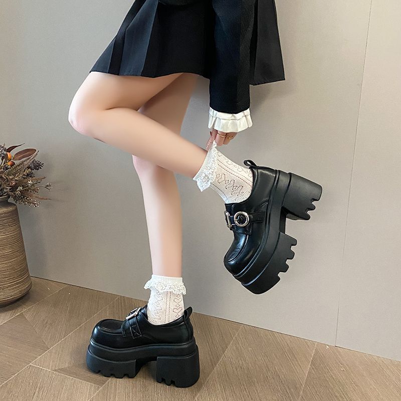 2025新款百搭厚底粗跟系带低帮鞋单鞋松糕英伦圆头增高乐福鞋女鞋