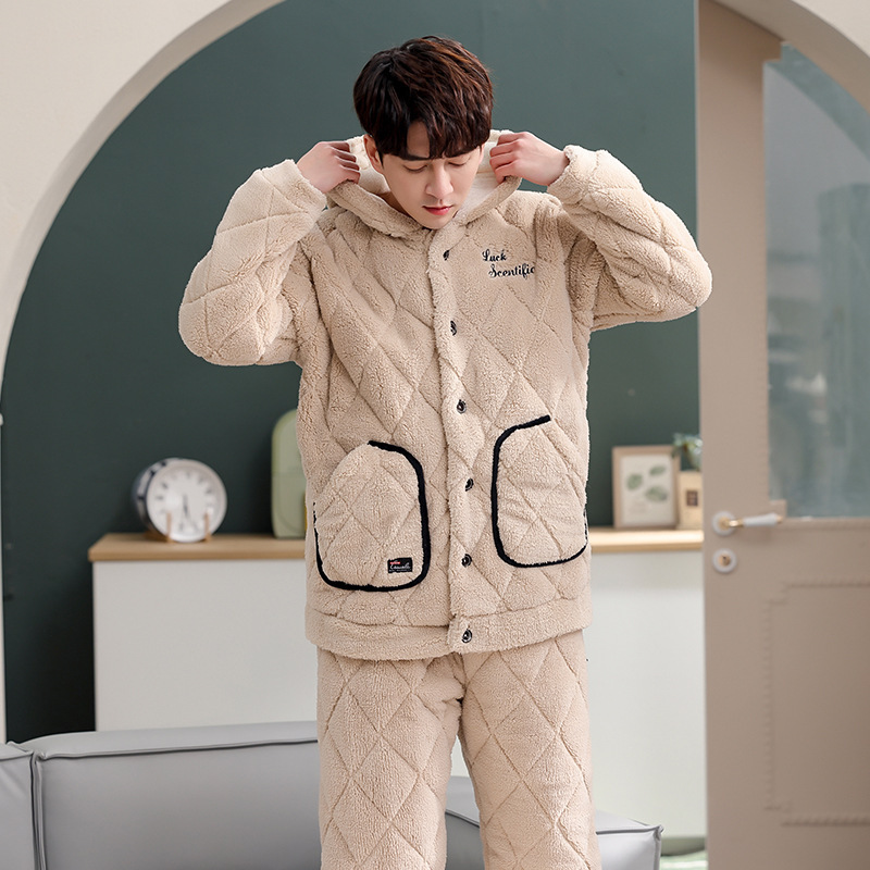 珊瑚绒夹棉睡衣男冬季加绒加厚保暖超厚连帽时尚三层夹棉外穿简约