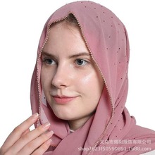 热销款高品质珍珠雪纺烫钻链条围巾长披肩穆斯林女士丝巾民族头巾