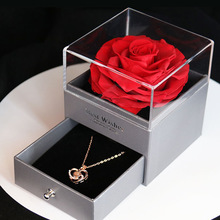 永生花首饰盒珠宝真玫瑰抽屉礼盒亚克力透明收纳黑色方形玫瑰盒