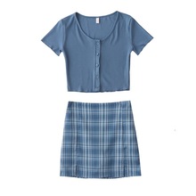 夏季新款日系甜美设计感圆领排扣短袖t恤高腰短款格子半身裙套装