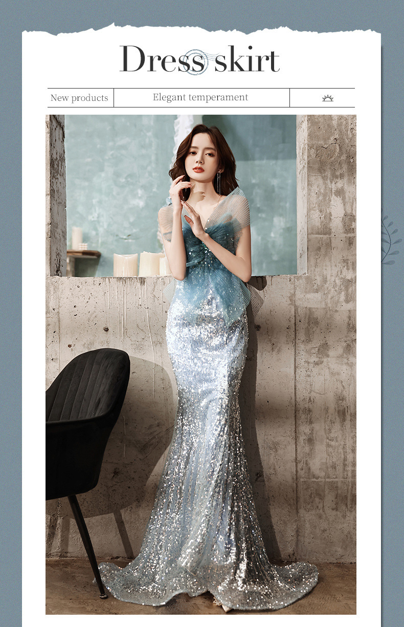 蓝色人鱼裙礼服亮片模特走秀轻奢蝴蝶结重工敬酒服超仙主持人年会