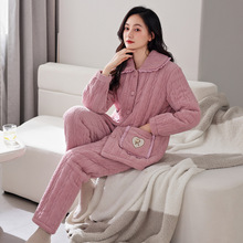 冬季女士睡衣三层夹棉加厚加绒珊瑚绒秋冬款甜美保暖家居服套装女