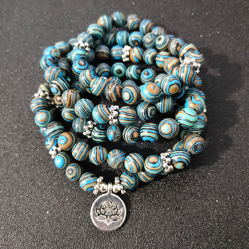 蓝孔雀石手链108颗8mm瑜伽手串彩色念珠莲花om亚马逊跨境饰品批发