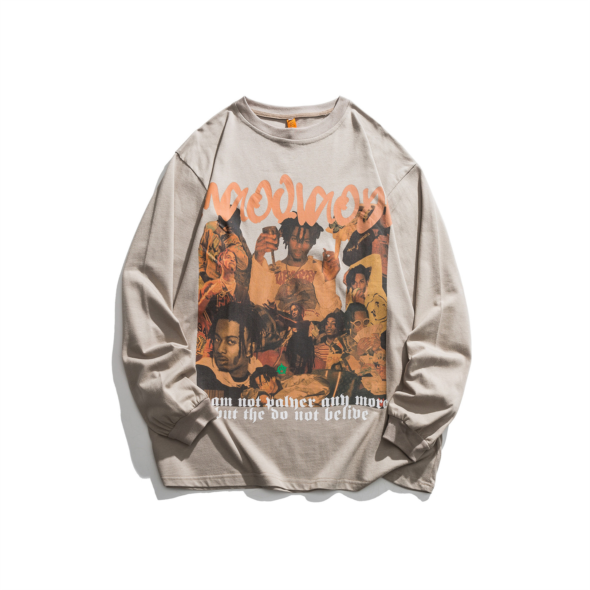 高街嘻哈说唱人物印花长袖t恤秋季男hiphop宽松纯棉上衣欧美潮牌