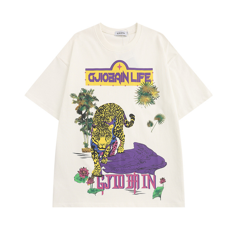 美式复古潮牌猎豹印花短袖t恤男夏季宽松潮流情侣装半袖体恤夏装