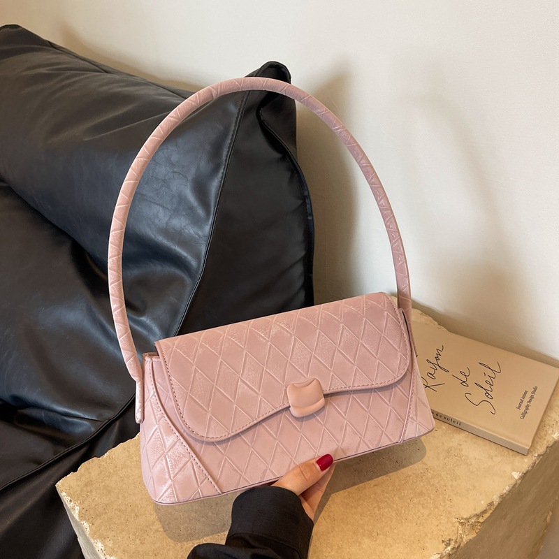 时尚菱格小包包女2024新款流行百搭单肩包洋气韩版粉色通勤腋下包