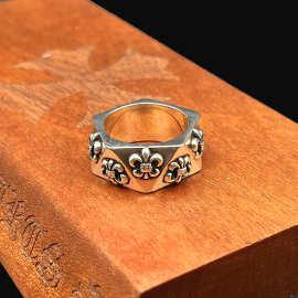 ch潮牌古风克罗心戒指男女多边形切角童军花鸢尾花复古朋克嘻哈