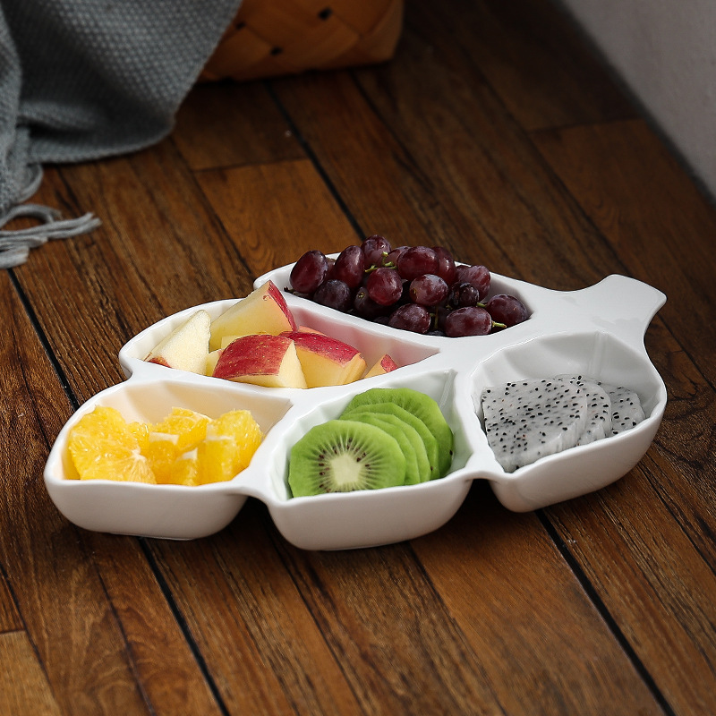 Creative Leaf-Shaped Ceramic Compartment Fruit Plate Living Room Snack Fruit Plate Commercial Multi-Grid Plate Fruit Platter