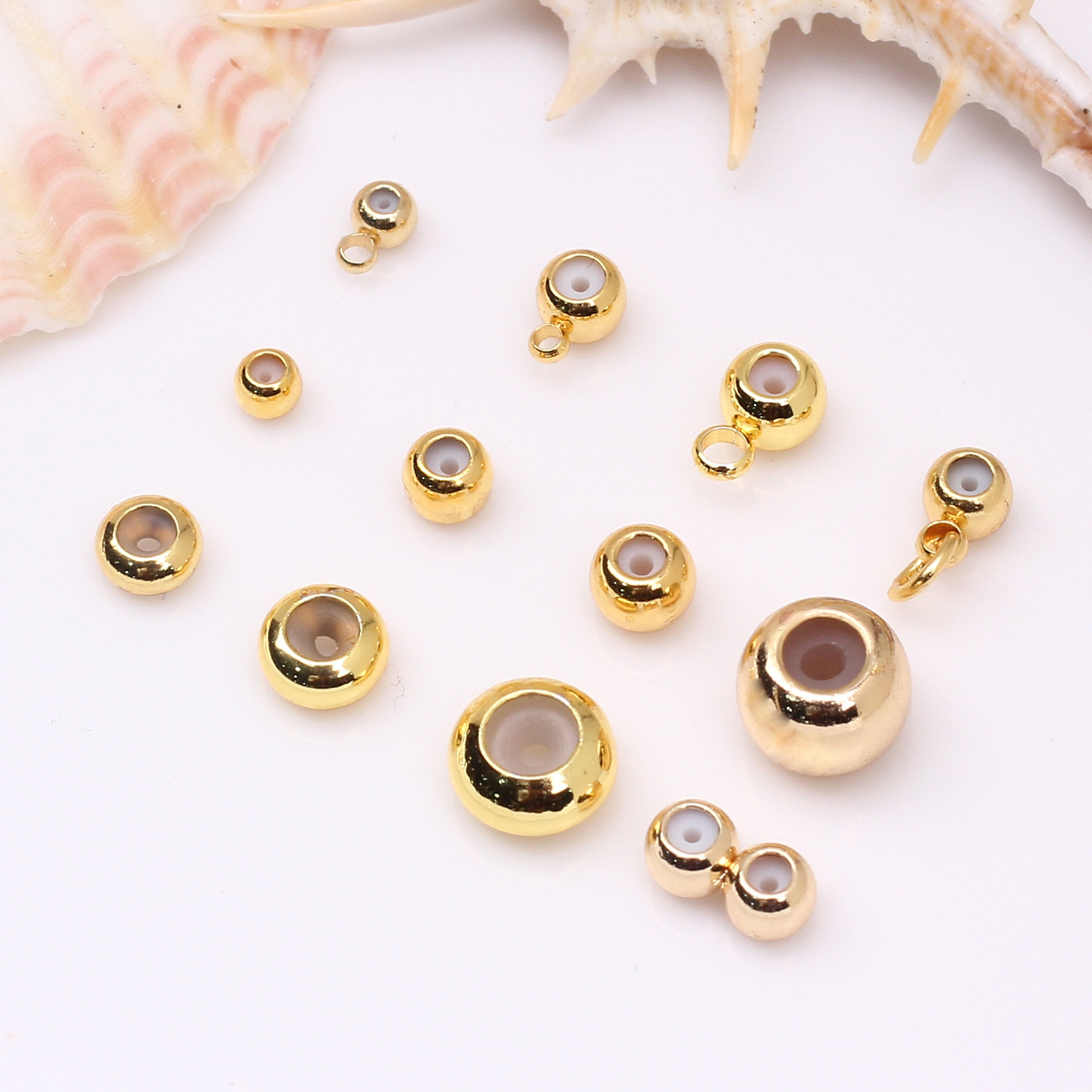 14K Gold-Plated Color Retention round Beads Flat Silicone Ball Plunger Welding Ring Copper Bead DIY Necklace Bracelet Spacer Beads Material