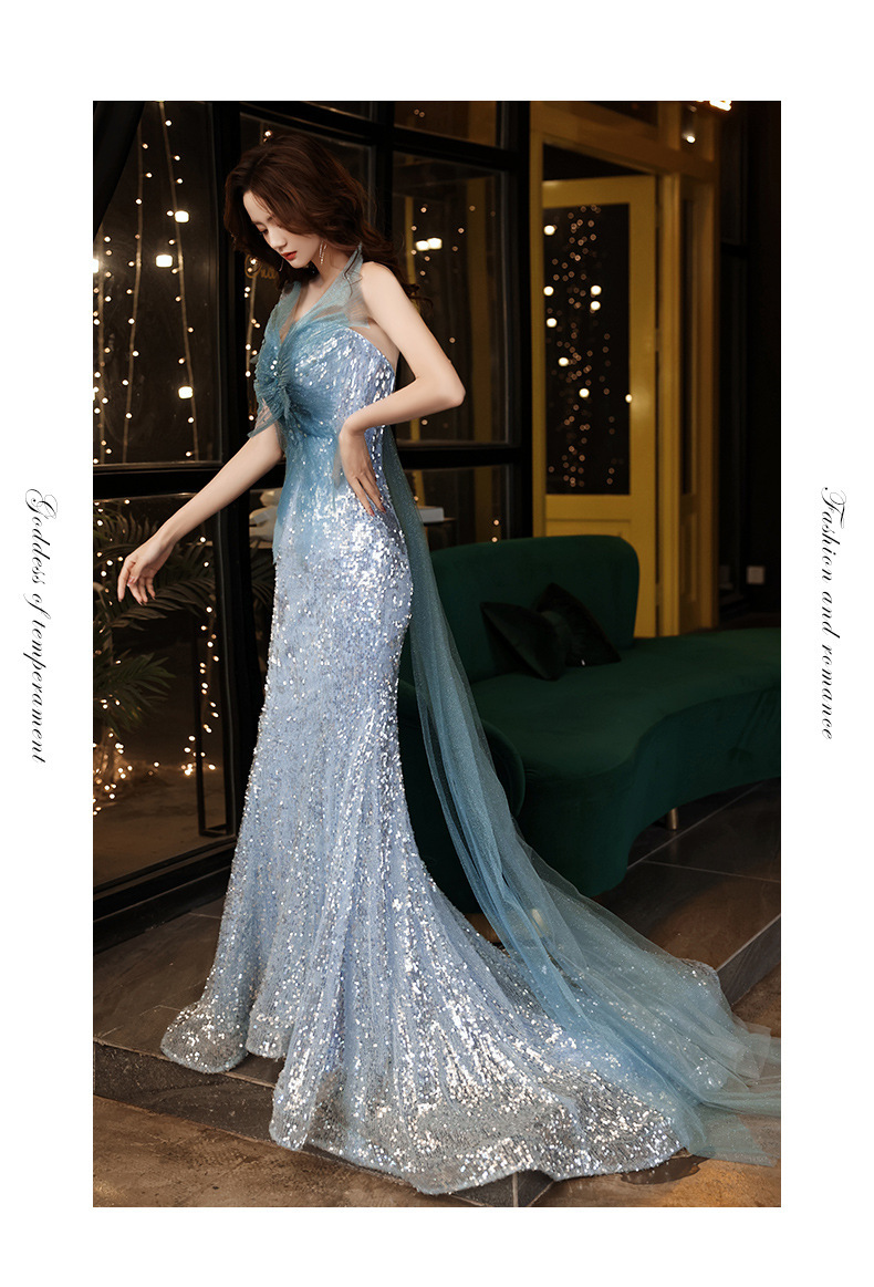 蓝色人鱼裙礼服亮片模特走秀轻奢蝴蝶结重工敬酒服超仙主持人年会