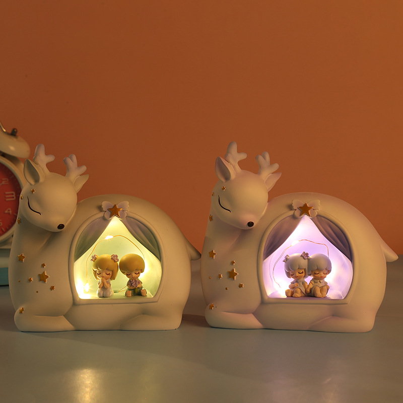 Decoration Creative Deer Small Night Lamp Girl Heart Star Light Bedside Decoration Students' Birthday Present Resin Decorations