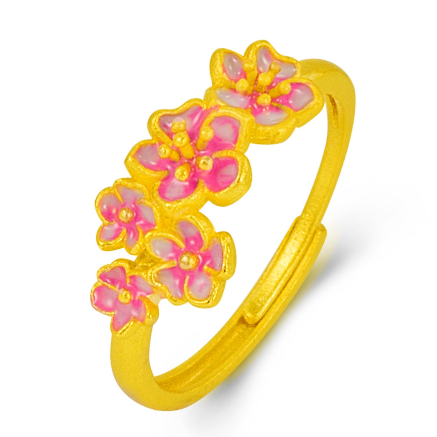 甜美优雅珐琅工艺桃气桃花花朵戒指 镀越南沙金粉色烤彩花朵戒指