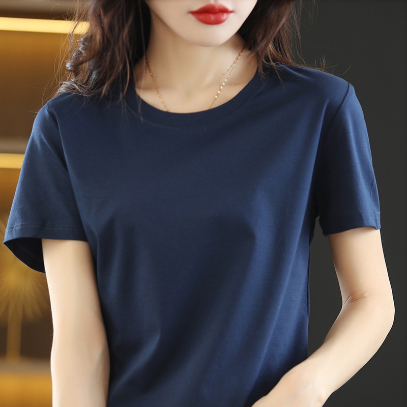 Upgraded 80 Mercerized Cotton Short-Sleeved Women's Summer Women's round V-neck Loose Basic Style Cotton T-shirt All-Match Top T-shirt Women Clothes