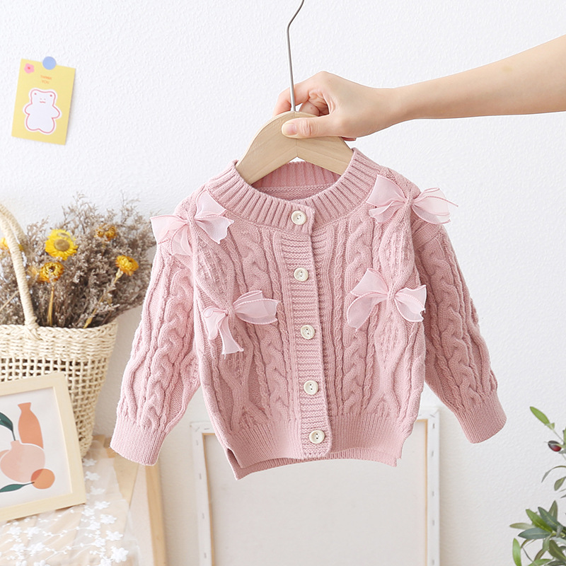 韩版儿童毛衣开衫2021秋冬款宝宝针织女童麻花蕾丝蝴蝶结外套洋气