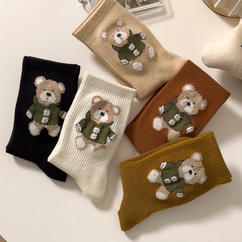 Autumn and Winter Bear Socks Women's Mid Tube Stockings Thickened Long Socks Japanese Cute Casual Cotton Socks Ins Trendy All-Matching Loose Socks