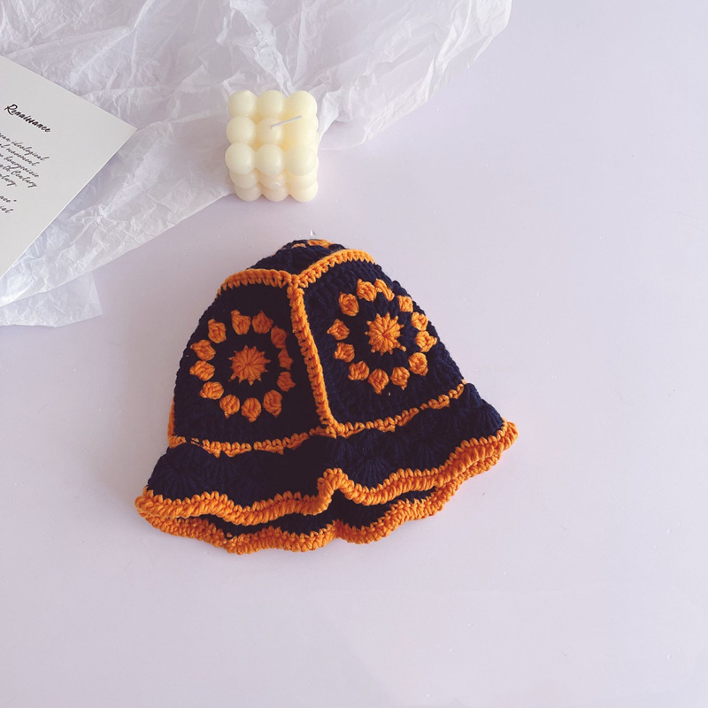 ins风手工编织儿童花边针织渔夫帽子 秋冬女童宝宝凹造型毛线盆帽