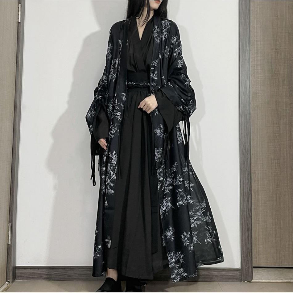 禅意女装复古暗黑色印花长款日常汉服新中式薄款魏晋古风飘逸套装