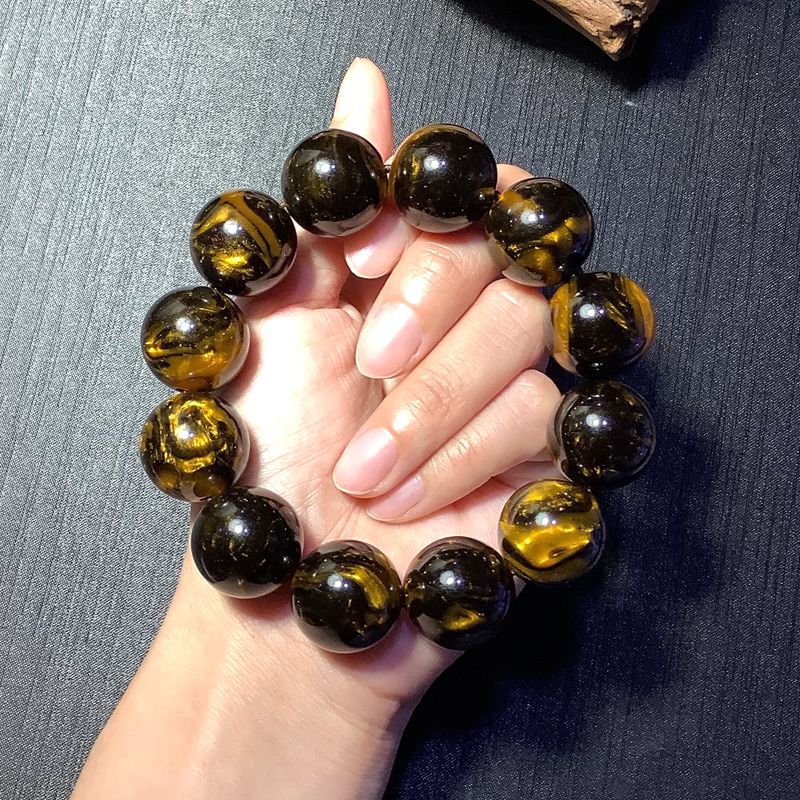 天然龙延香灰琥珀手串男女生士蜜蜡圆珠情侣手链招财转运原创大气