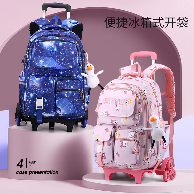Children's Primary School Student Trolley Schoolbag Cute Girl Dragging Can Climb Stairs Grade 3 to Grade 6 Middle School Student Large Capacity