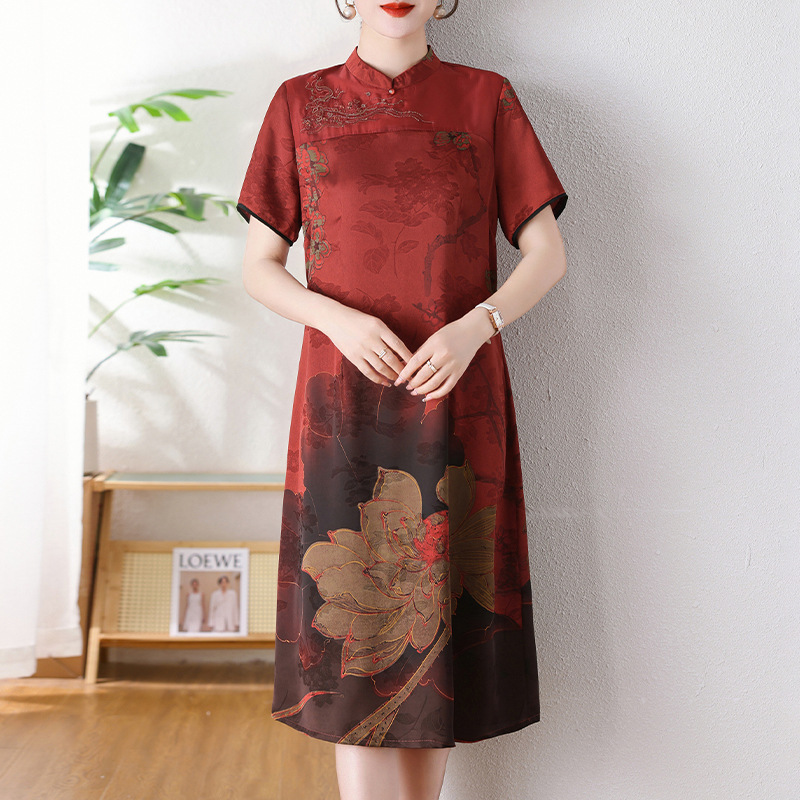 中老年女装2024夏季洋气旗袍短袖连衣裙妈妈夏装气质中长裙-阿里巴巴